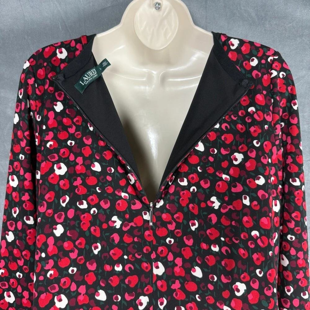Lauren Ralph Lauren Midi Dress Sz L Red Pink Floral Jersey Knit‎